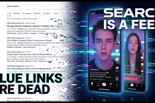 Concept art illustrating the TikTok-ification of Search: A mobile vertical video feed overtaking a traditional Google search bar.