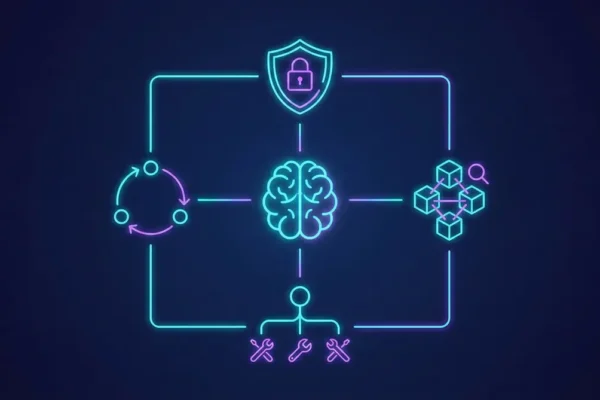 A minimalist neon diagram showing the core components of an AI agent. A central glowing brain icon is connected by lines to four surrounding modules: a cycle icon representing orchestration and loops, a shield with a padlock representing governance and security, a network of blocks with a magnifying glass representing memory and RAG, and a hierarchical tree with wrenches representing tools and connectors (MCP).