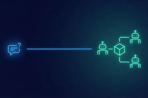 A minimalist neon illustration on a dark background. on the left, a glowing blue speech bubble with a question mark represents a chatbot. A single glowing line connects it to the right, where a network of three glowing green robot icons and a central cube represents a multi-agent system, illustrating the transition from generative to agentic AI.